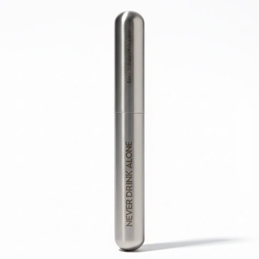 Metallic device with 'Never Drink Alone' text on a white background
