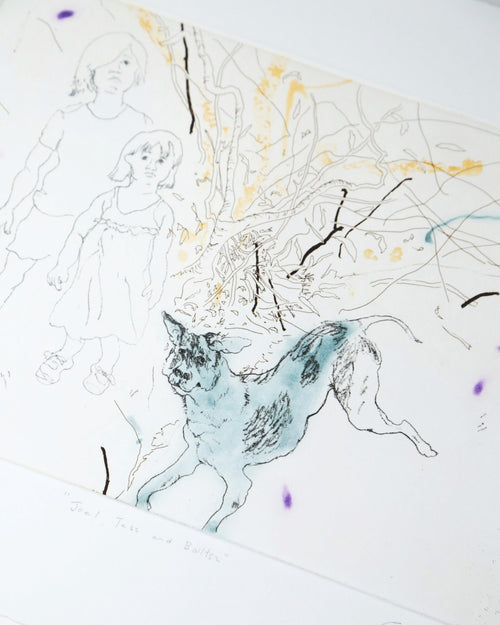 CHRIS HUEN.  Joel, Tess and Balltsz Etching print, 2022