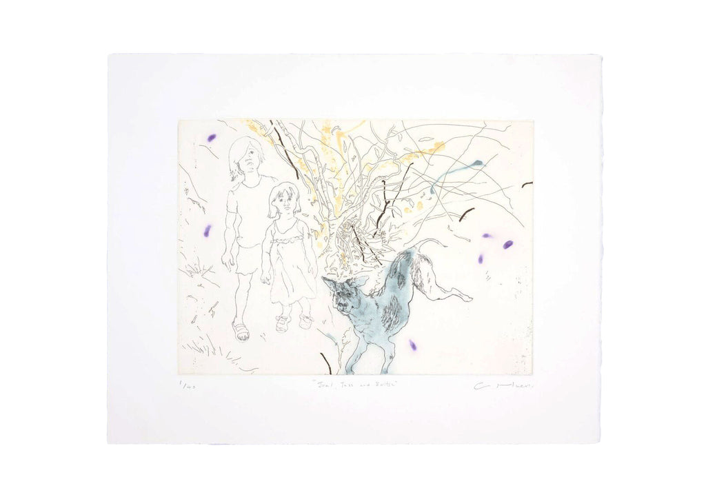 CHRIS HUEN.  Joel, Tess and Balltsz Etching print, 2022