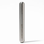Metallic device with 'Never Drink Alone' text on a white background