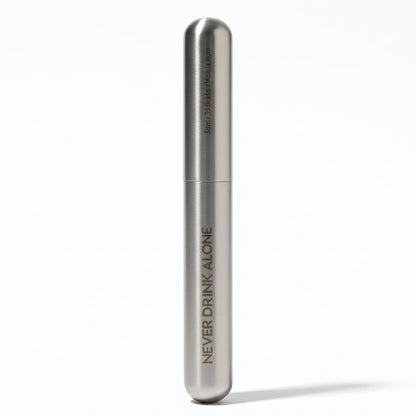 Metallic device with 'Never Drink Alone' text on a white background