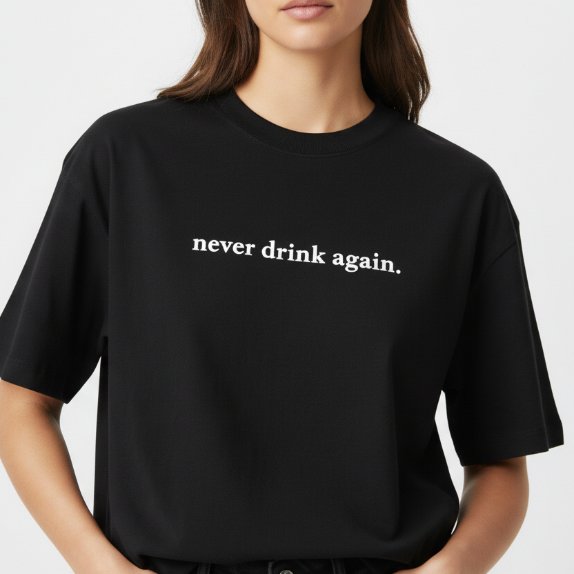 Person wearing a black t-shirt with 'never drink again.' text on a plain background